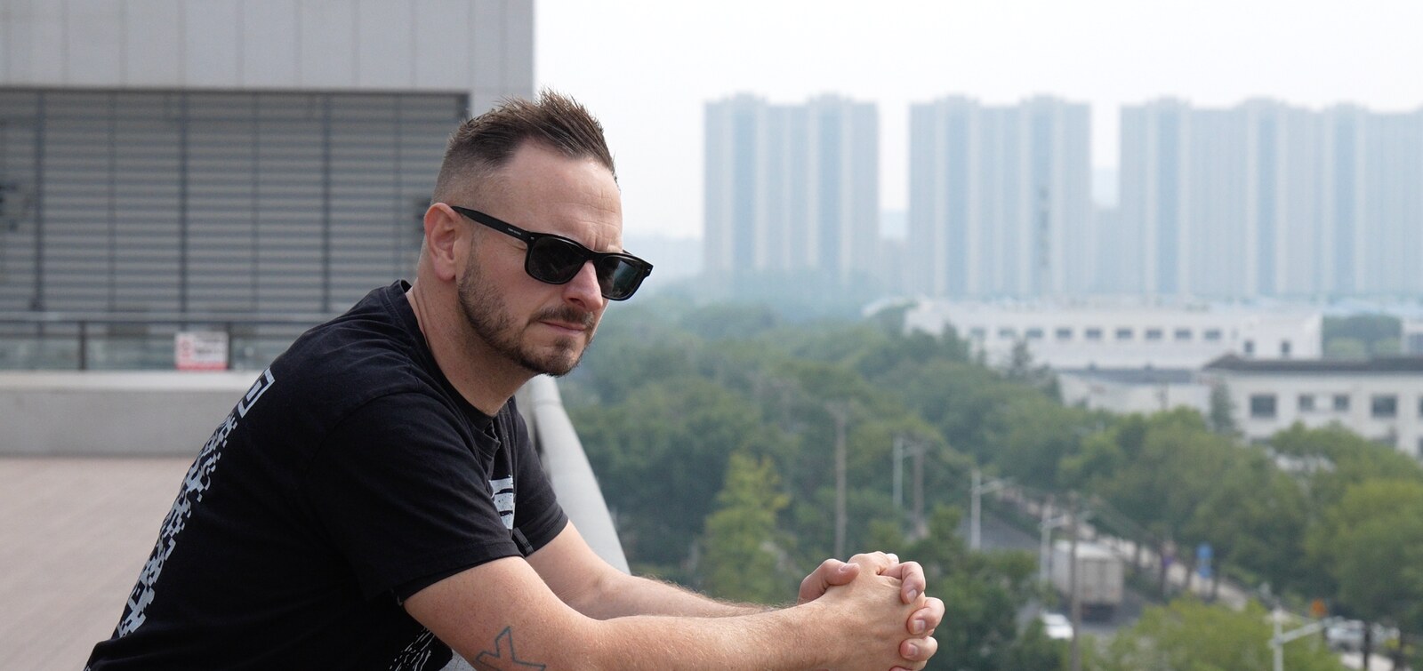 Sam Prentice outside during a filming trip